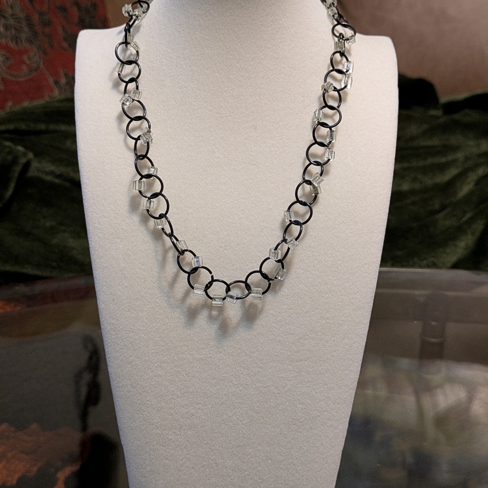 Quirky Circles Vintage Black Wire and Crystal Bead Necklace